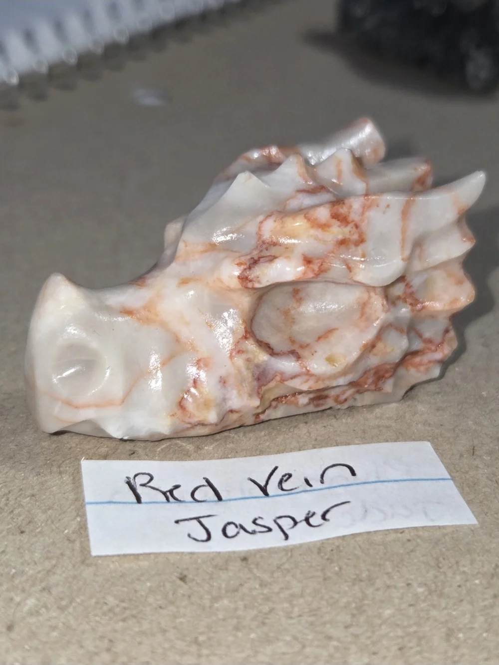 Detailed Red Vein Jasper Crystal Carved Dragon Head Stone Sculpture Decor
